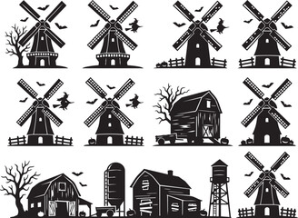 Fototapeta premium Premium Halloween Windmill Collection Featuring Rural Landscapes Traditional Mills And Seasonal Countryside Assets