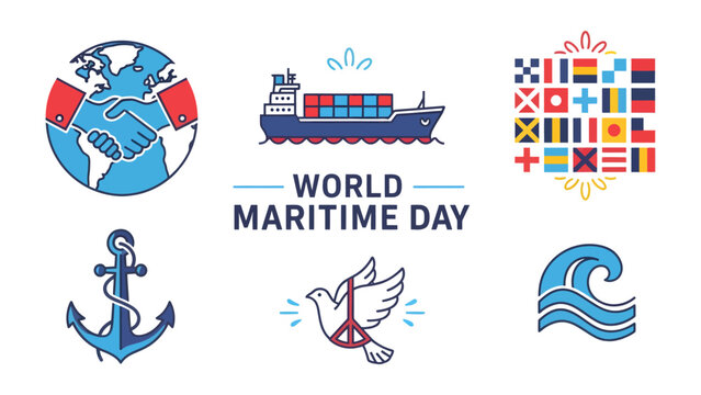 World Maritime Day Celebration: A graphic illustration representing World Maritime Day, featuring symbols of global cooperation, a cargo ship, international maritime flags, an anchor, a dove of peace.
