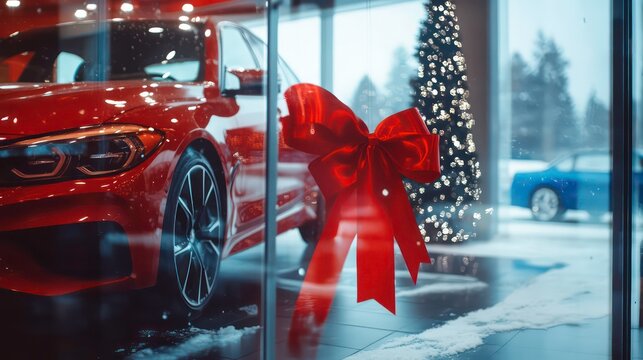 Festive atmosphere in the car showroom. Through the glass, a red car is visible, decorated with a large red ribbon, symbolizing a gift.