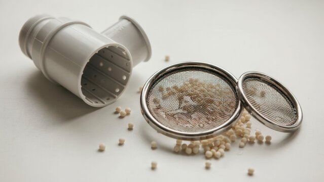 Plastic drain component sits beside a circular metal mesh filter containing small granular filtration elements.