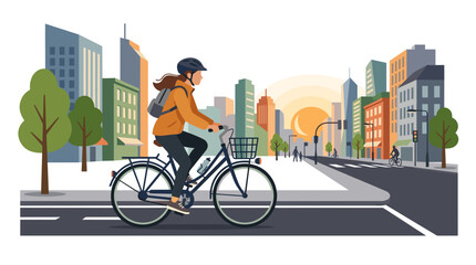 Fototapeta premium Woman riding bicycle in city street with modern buildings and sunset in background