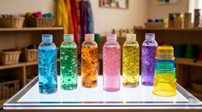 Colorful Sensory Bottles with Glitter and Liquid on a Light Table in Kindergarten Classroom