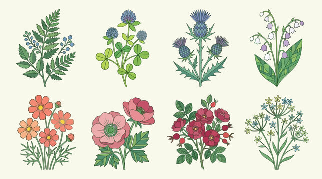 Zestaw ręcznie rysowanych ilustracji botanicznych przedstawiających r&oacute;żnorodne polne kwiaty, paprocie i zioła w stylu vintage na jasnym kremowym tle, idealne do projekt&oacute;w graficznych.
