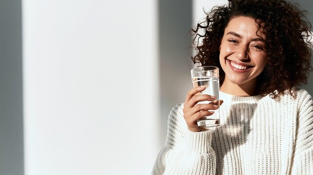 Smiling woman holding glass of clean refreshing water, enjoying healthy hydration and natural wellness lifestyle