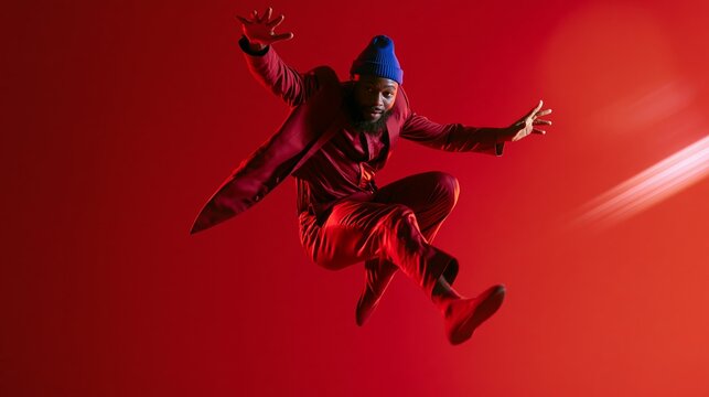 Male dancer leaping with energy and style, wearing a blue beanie and burgundy suit against a vibrant red backdrop