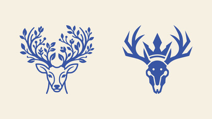 Fototapeta premium Deer head vector icons featuring floral branch antlers and a skull with a crown for branding and logo design