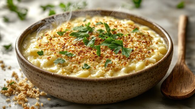 Gourmet mac bowl with golden breadcrumb topping and fresh parsley, creamy macaroni and cheese in artisanal ceramic bowl with steam rising, premium comfort food