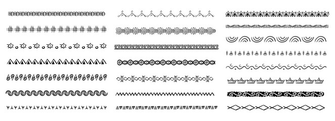 Borders in Ethnic Style. Aztec dividers, hand drawn tribal ornament. Hand drawn motive, doodle decoration. Boho stroke, scandinavian traditional native decor. © Alyona