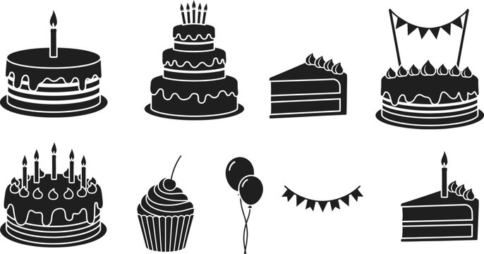 Birthday cake and party dessert silhouette icon set with birthday celebration silhouette collection illustration isolated frosting decoration