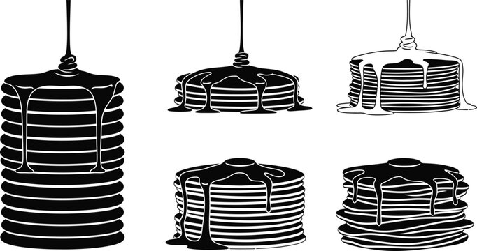 Pancake stacks with syrup topping silhouettes collection breakfast silhouette dripping collection illustration isolated delicious
