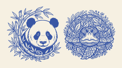 Vector illustration set of panda with bamboo and sea turtle with floral ornament in blue line art style for print and tattoo design © Sahabat