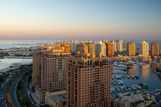 Beautiful Aerial View of Pearl Qatar. Roundabout Pearl Qatar at sunset time.	