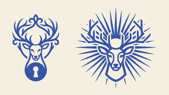 Deer head vector logo set with keyhole and sunburst elements for branding and emblem design