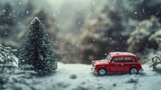 Toy Car with christmas tree on a snowy day in winter
