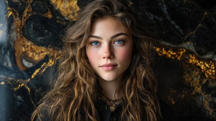 Fototapeta premium luxury onyx detail portrait of young woman with wavy brown hair and blue eyes against black marble background with golden veins, professional studio lighting