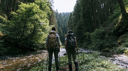 Obraz premium Two hikers with backpacks and trekking poles standing by a forest stream, exploring green woodland trail