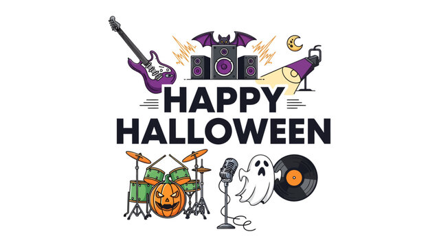 Happy Halloween Music Party: A festive illustration featuring a guitar, drum set with a pumpkin, microphone, record, and a ghost, all celebrating a rock and roll Halloween party.