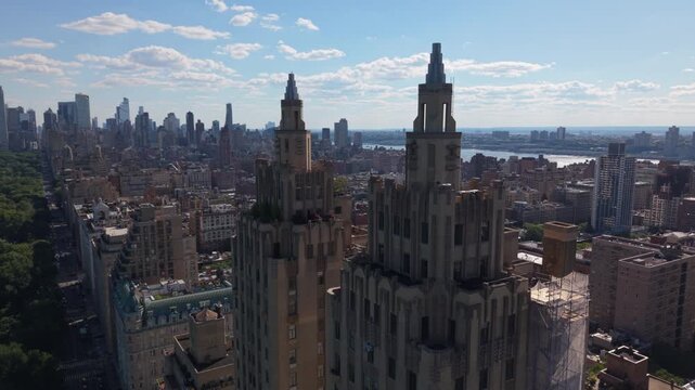 orbiting counter clockwise around iconic towers on Central Park West in NYC
