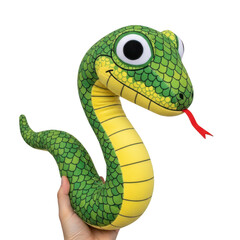Naklejka premium Cute green cartoon snake toy held in a hand with big eyes and a red tongue for kids and children fun play activities
