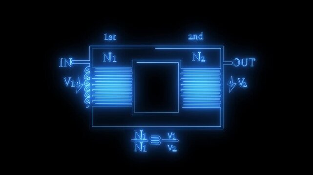 Neon glowing electrical transformer schematic animation loop