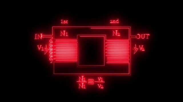 Neon glowing electrical transformer schematic animation loop
