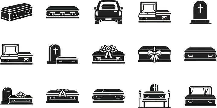 Silhouette of various coffins and funeral related items