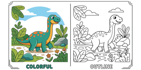 Cute brachiosaurus dinosaur coloring page, prehistoric long neck sauropod in jungle landscape kids vector illustration set © Seriously