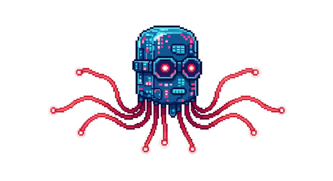 Pixel Art Robot Octopus with Glowing Red Eyes and Tentacles.