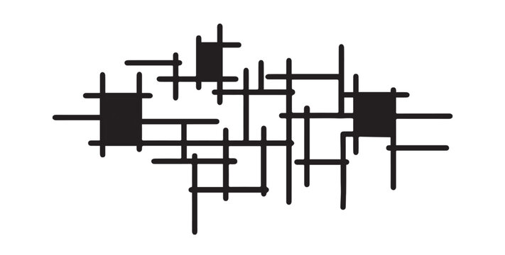 Abstract geometric composition with black intersecting lines and solid squares on a white background.