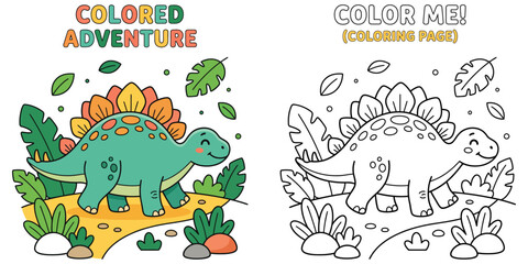 Cute dinosaur stegosaurus coloring page, prehistoric animal in jungle landscape kids vector illustration set © Seriously