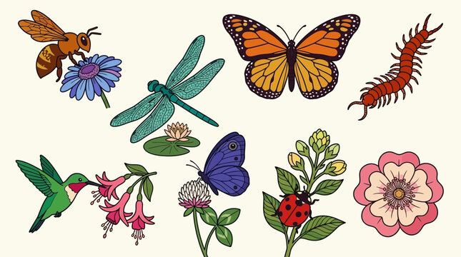 Zestaw kolorowych ilustracji przedstawiających r&oacute;żnorodne owady, ptaki i rośliny, symbolizujące bogactwo natury i ekosystemu.
