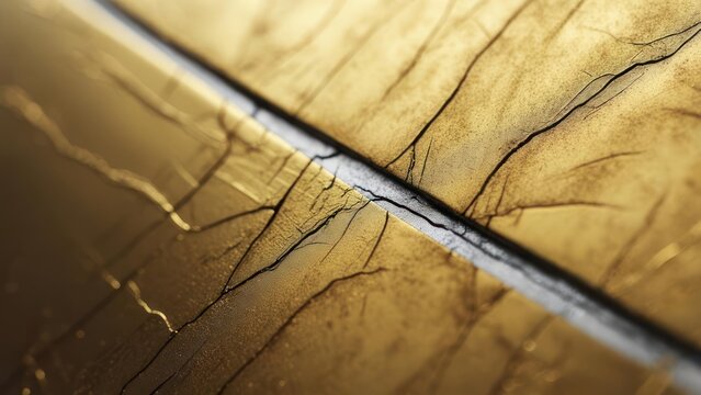 Close-up of gold-textured surface with cracks and a bright line, evoking detail and age