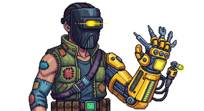 Post apocalyptic welder with robotic arm and mask.