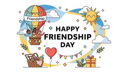 Naklejka premium Friendship Day Celebration Illustration: A vibrant illustration depicting a hot air balloon with Friendship inscribed on it, carrying smiling friends, a red heart balloon, a picnic basket, a gift.