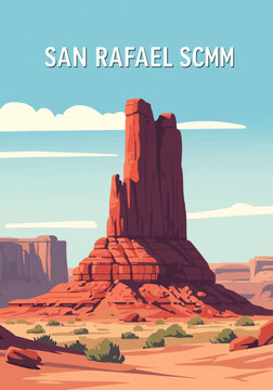 Stylized vector art of a desert landscape featuring a prominent red rock butte at the San Rafael Swell with geological sandstone formations, blue sky, and sparse vegetation.