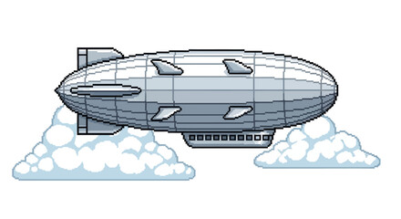 Pixel Art Blimp Aircraft Floating Above Clouds. © Gandd