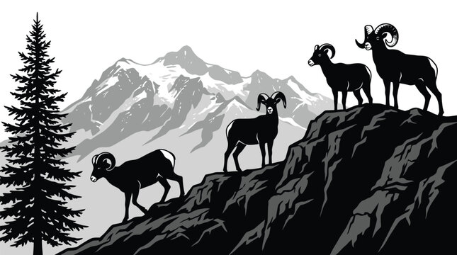 Black and white vector illustration of wild bighorn sheep standing on a rugged rocky mountain