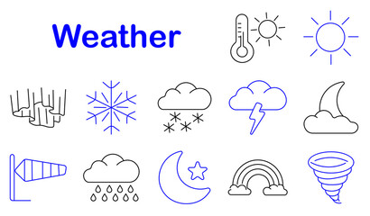 Obraz premium Weather set icon. Snowflake, tornado, rainbow, thundercloud, moonlight, windsock, rainy forecast, sunny climate, nighttime atmosphere, seasonal meteorology, storm warning, outdoor