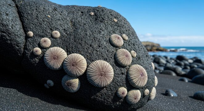 Round sea creatures clustered on a dark, textured rock near the ocean