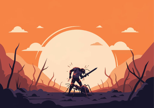 Vector illustration of a wounded humanoid ant warrior standing over a giant ant in a scorched wasteland under a massive setting sun with orange and purple landscape hues.