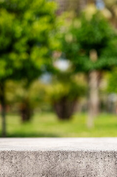 Empty concrete surface with blurred green park background and copy space