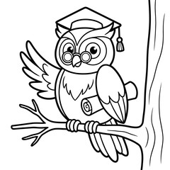 Obraz premium Cartoon owl graduate with scroll perched on branch black and white