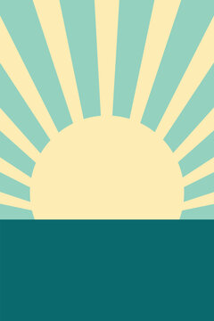 A creamy yellow half-circle forms a stylized sun with light teal rays spreading upwards. A solid dark teal section below depicts water or ground.