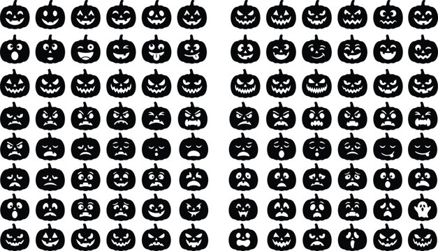 Silhouette of various Halloween pumpkin faces on white background