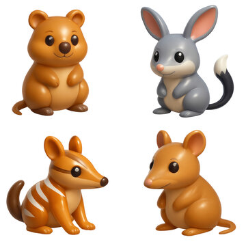 3D Plastic Icon Style Animals Set Featuring Quokka Bilby Rabbit and Rodent Characters Against Transparent Background