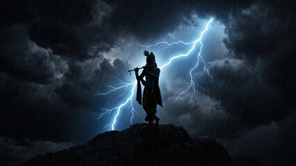 Fototapeta premium Krishna Lightning Silhouette – Divine Storm Power