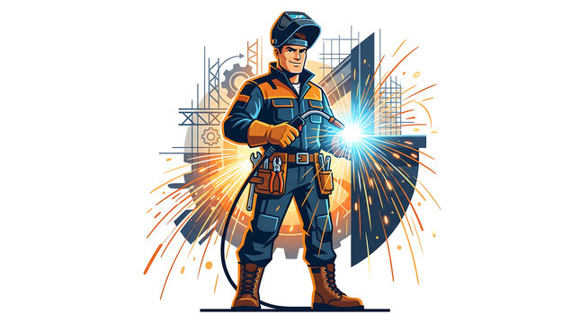 Skilled male welder in protective helmet and work uniform performing metal welding with bright sparks, symbolizing industrial craftsmanship and precision engineering and heavy industry