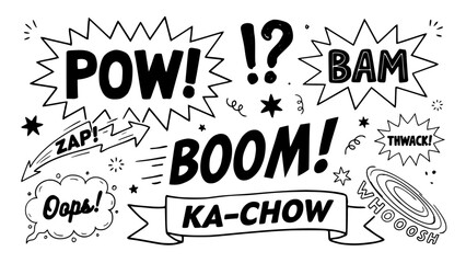 Comic Book Sound Effects with Bold Typography and Dynamic Shapes Featuring Pow, Bam, Boom with Zap and Oops Elements for Ka-Chow © Komol