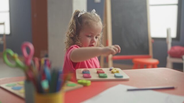 Blonde girl places multicolored wooden puzzle pieces with her hand on a red table inside a classroom building; concentration learning play.