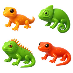Fototapeta premium 3D Plastic Icon Style Lizards In Vibrant Colors Orange Green And Red Displayed Against A Transparent Background